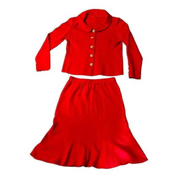 St. John Collection Knit Blazer Jacket Ruffle Skirt Suit Red Vintage Set Size 6 - Picture 1 of 10